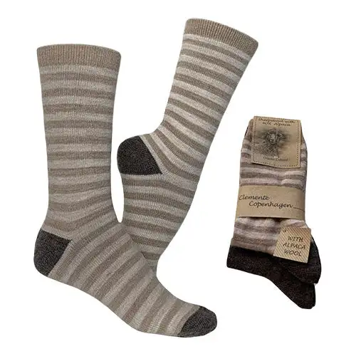 Alpaka Uldstrømper Beigestribet & Mørkebrun Glatstrikkede 2-pak | Str. 35/38