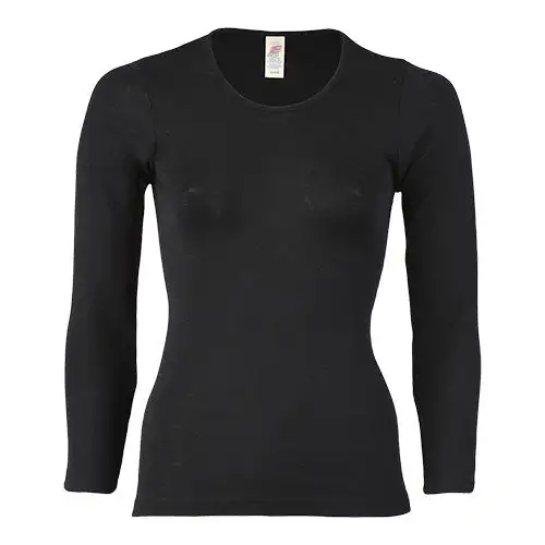 Langærmet Bluse, Uld/silke, Black | Str. 46/48