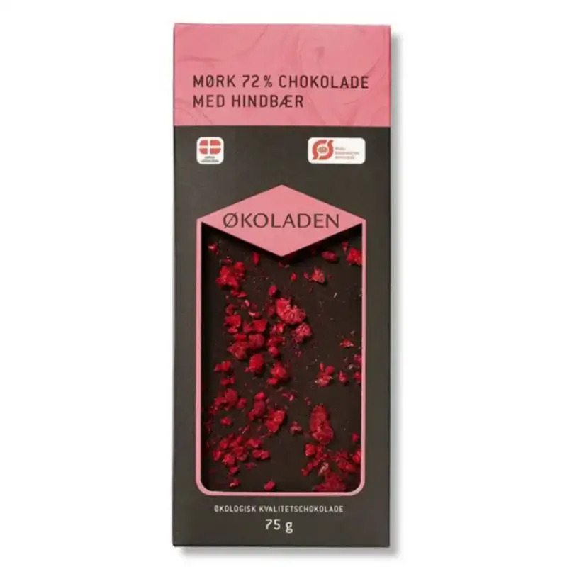 ØKOLADEN - ØKOLOGISK MØRK 72% CHOKOLADE - HINDBÆR - 75 g.