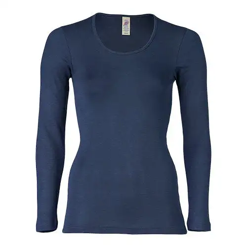 Langærmet bluse, uld/silke, Navy, str. 34/36