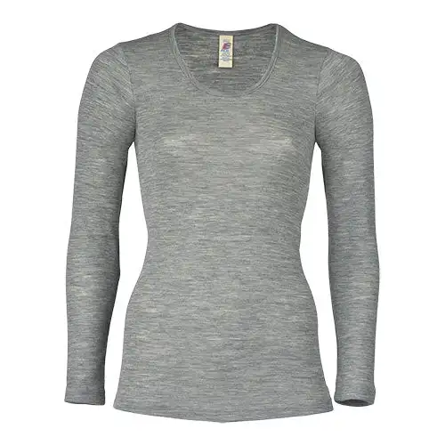 Langærmet Bluse, Uld/silke, Light Grey | Str. 38/40