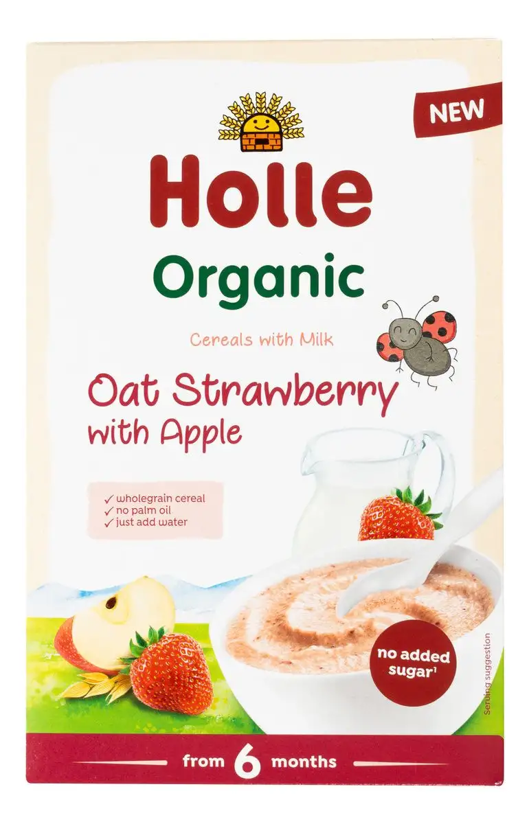 Holle Fuldkorsgrød med mælk, jordbær og æble Ø - 250 g.