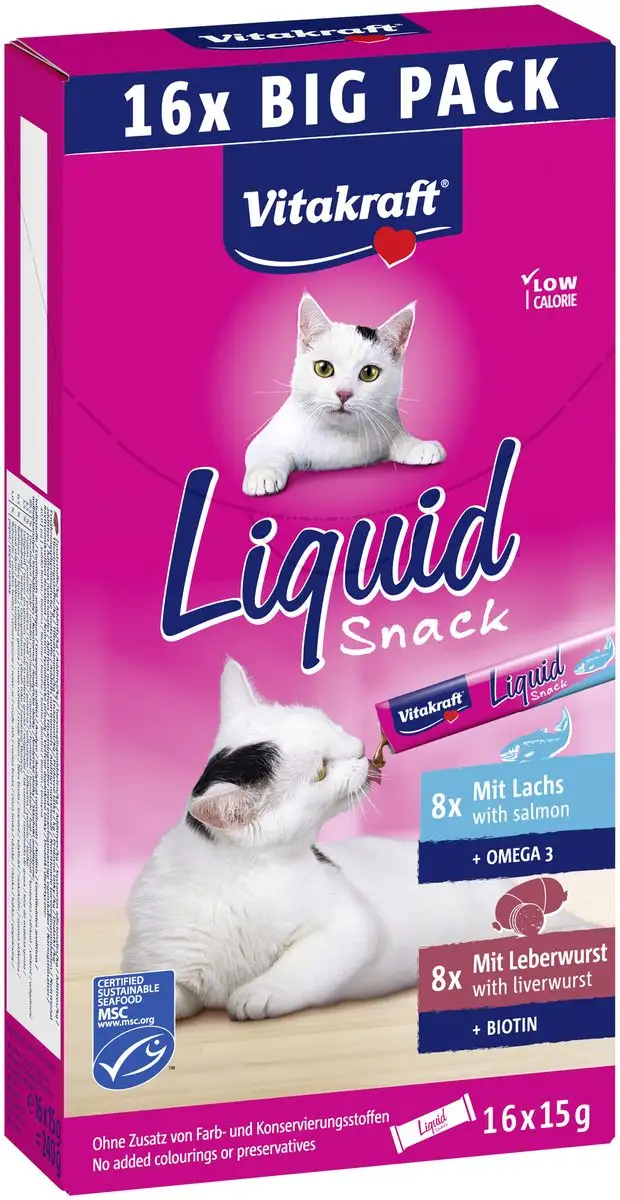 Vitakraft Cat Liquid Snack Multipack, Lever og Laks - 16x15 g.